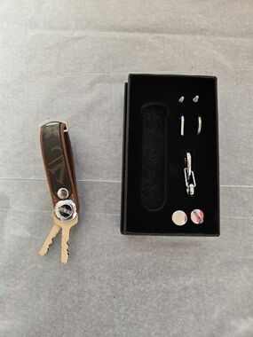 Men's Leather Keychain with Brown Patterned Strap and Silver Hardware